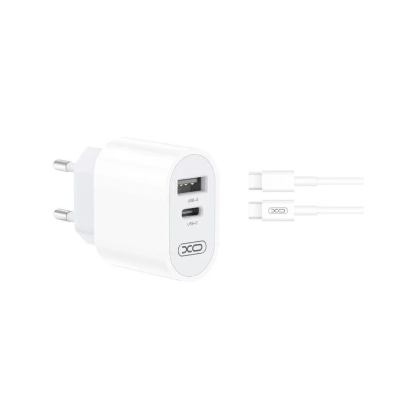 Seinalaadija 1x USB-A 1x USB-C 2,4A + USB-C - USB-C kaabel 1m komplekt, XO (L97 EU), valge-hall (1)