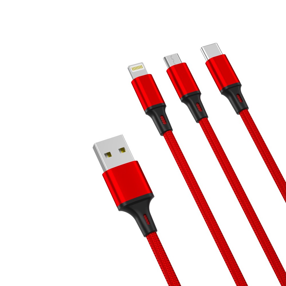 USB-A - Micro USB / Lightning / USB-C 3in1 kaabel 1,2m 2,4A, XO (NB173), punane (1)