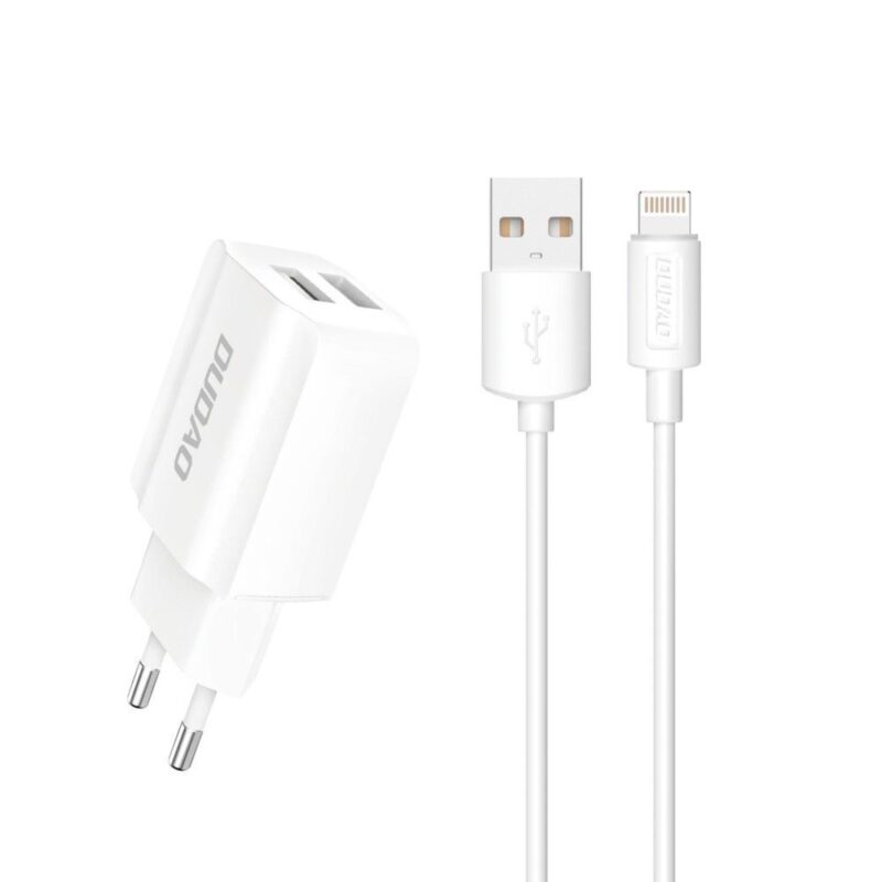 Seinalaadija 2x USB-A 5V 2.4A + Lightning kaabel 1m komplekt, Dudao (A2EU), valge (1)