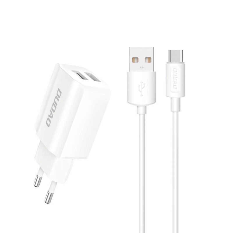 Seinalaadija 2x USB-A 5V 2.4A + USB-C kaabel 1m komplekt, Dudao (A2EU), valge (1)